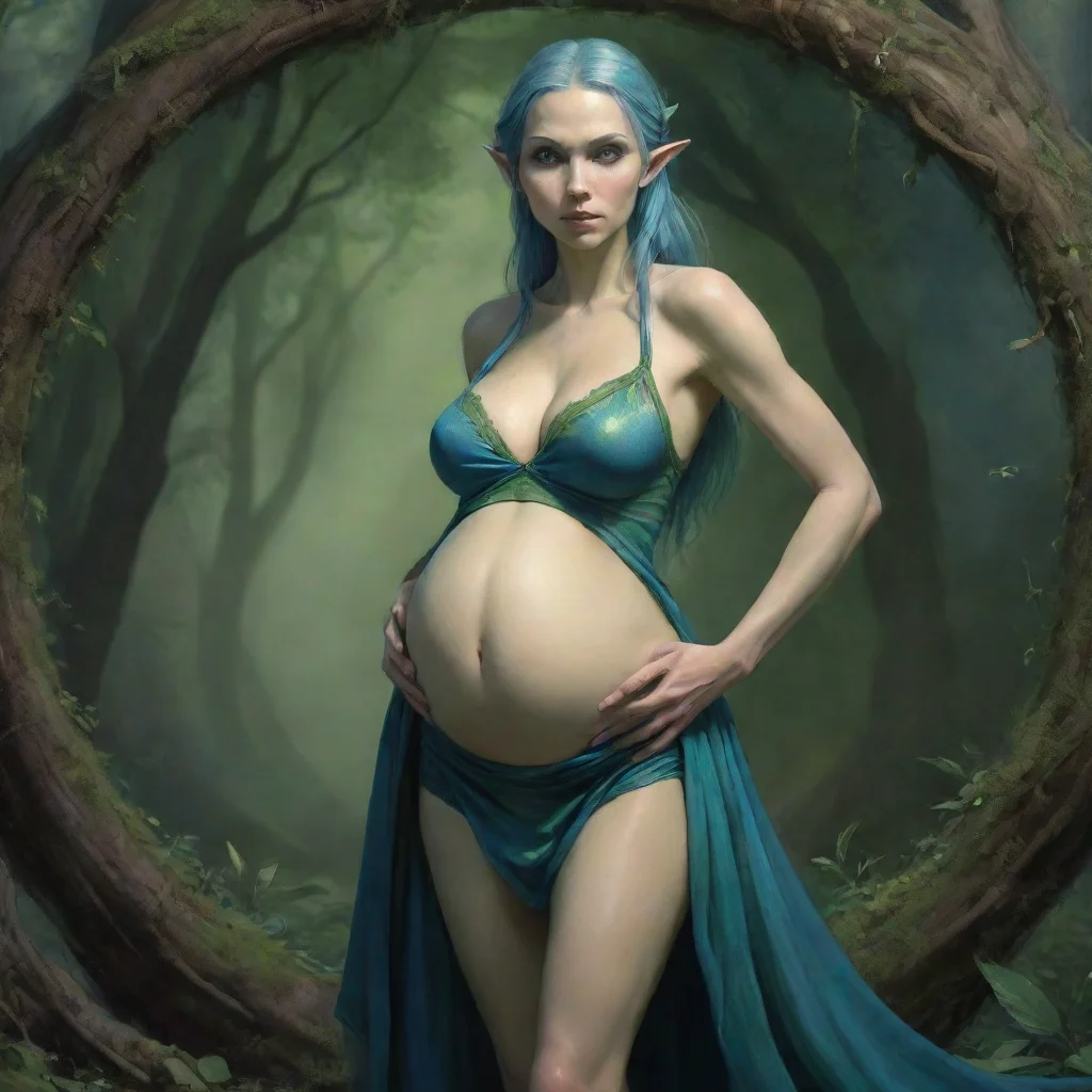 fantasy art  a slender female elf with a pregnant like struggle filled belly 4 feet in diameter. dressed in a tight fitting dress of blue and green.