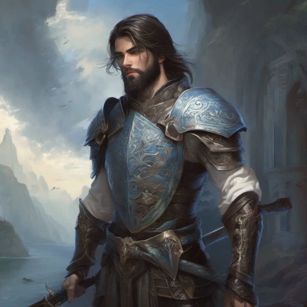 fantasy art beauty grace beard man god short dark hair armor sword blue eyes good looking trending fantastic 1