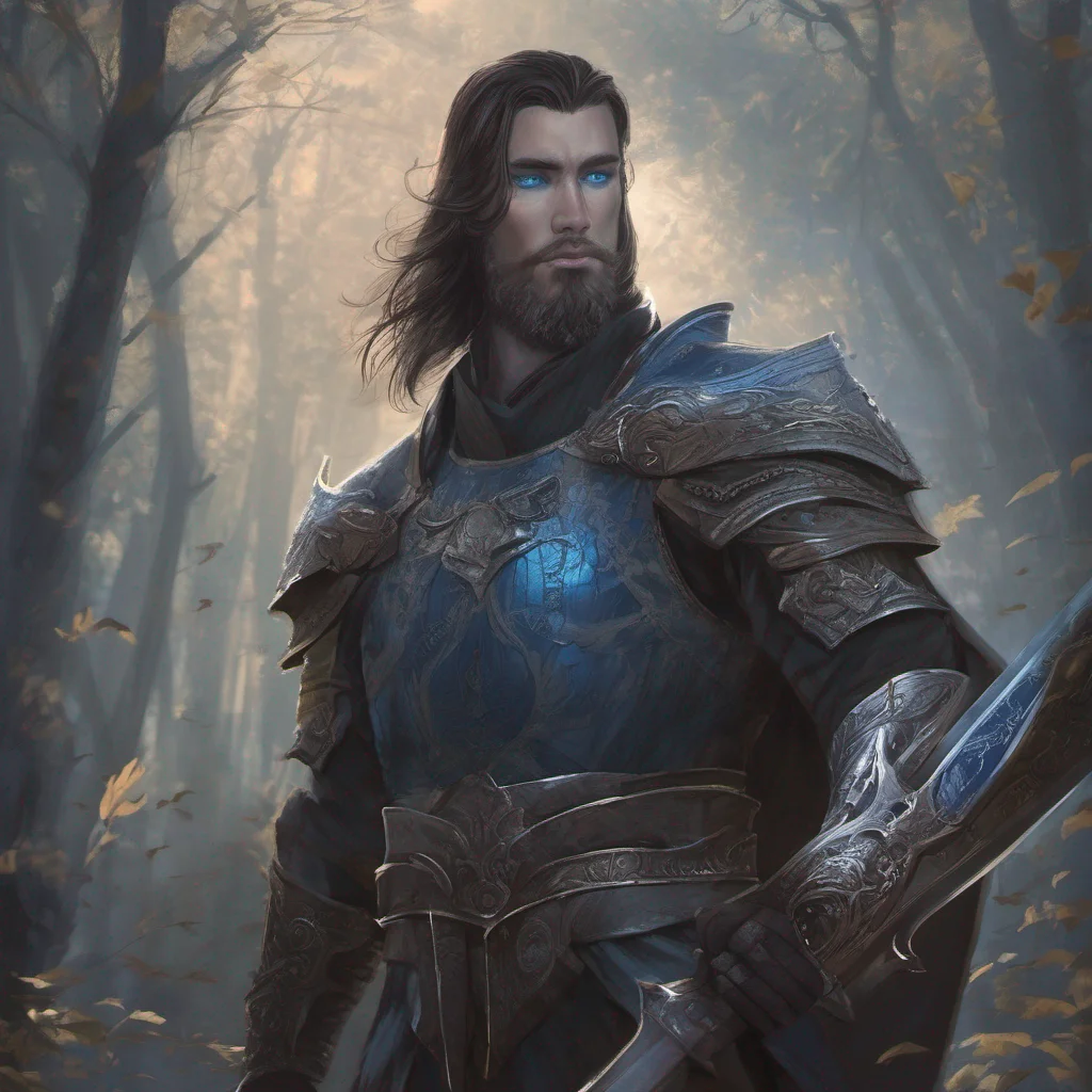 fantasy art beauty grace beard man god short dark hair armor sword blue eyes