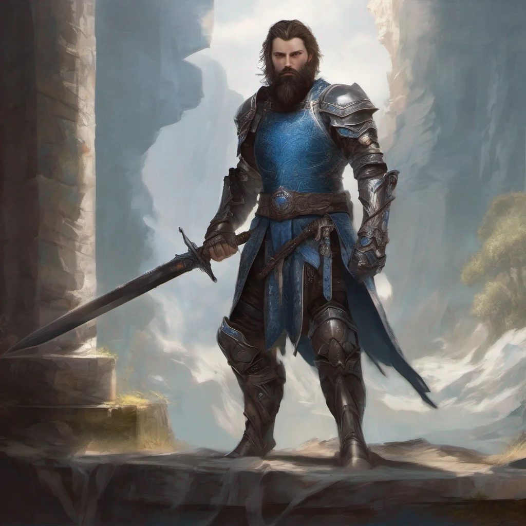 fantasy art beauty grace bearded man dark hair armor sword blue eyes