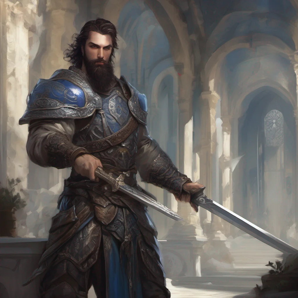 aifantasy art beauty grace bearded man short dark hair armor sword blue eyes good looking trending fantastic 1