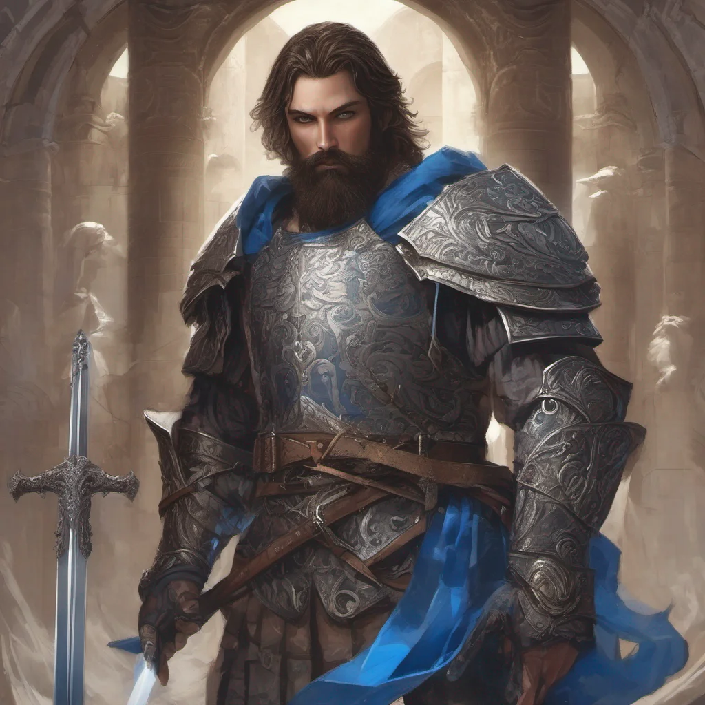 fantasy art beauty grace bearded man short dark hair armor sword blue eyes