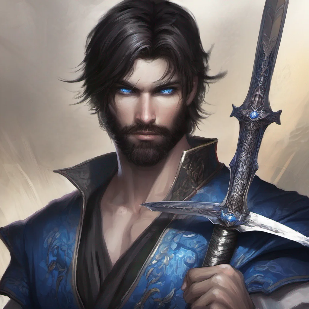 fantasy art dark hair blue eyes short hair beard sword 