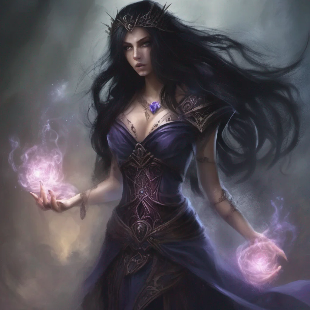 aifantasy art dark hair evil princess mage magic soceress spell shadows mist confident engaging wow artstation art 3