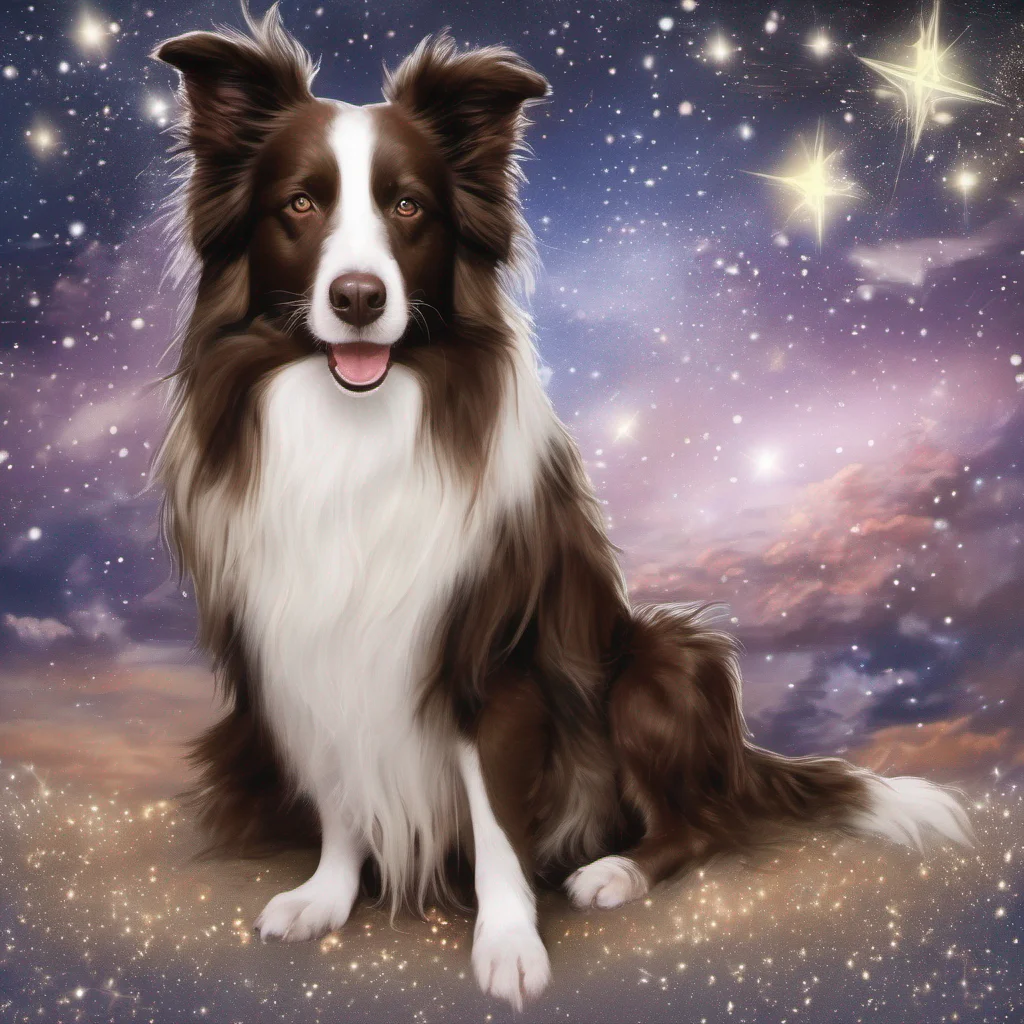 fantasy art dog border collie brown and white magical sparkle glitter celestial stars amazing awesome portrait 2