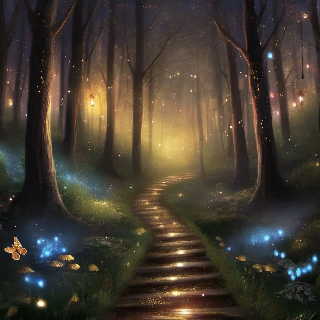 fantasy art forest fireflies trees glitter sparkle pathway
