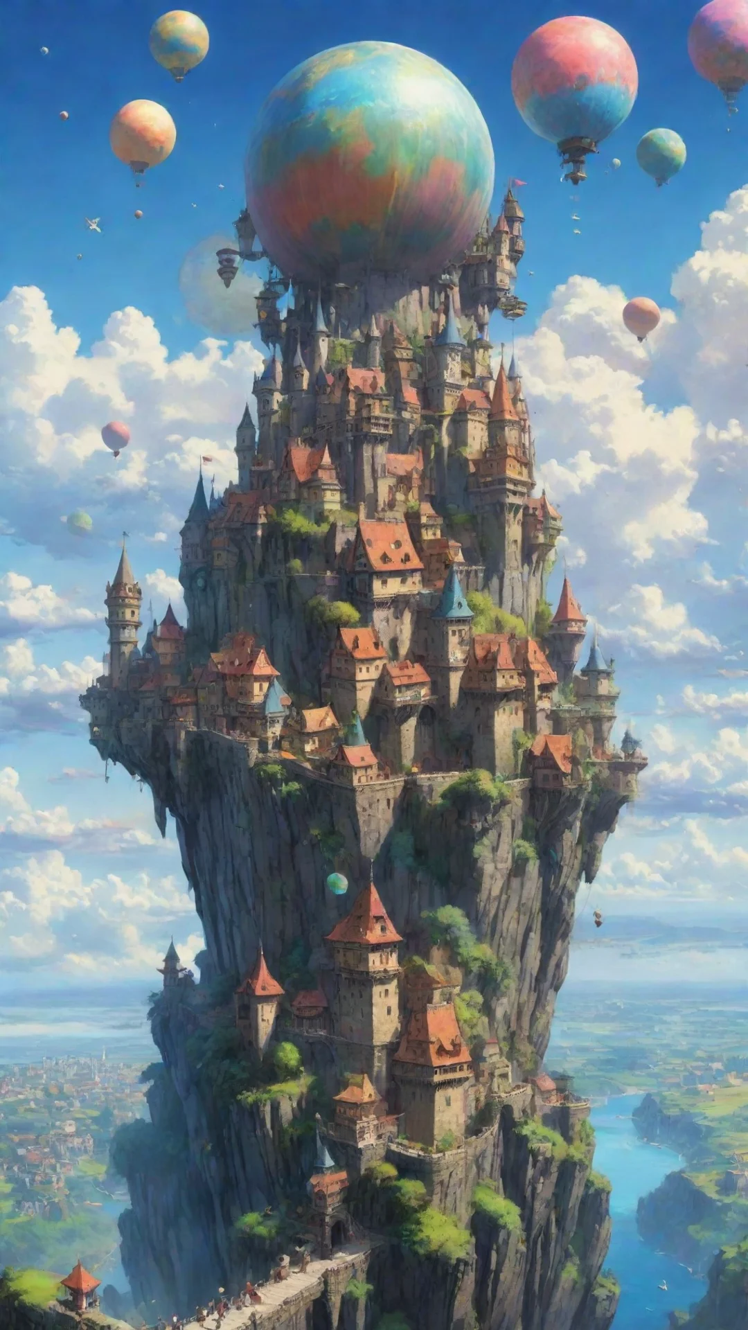 fantasy art ghibli miyazaki hd best quality aesthetic flying castle colorful planets city fortress  tall