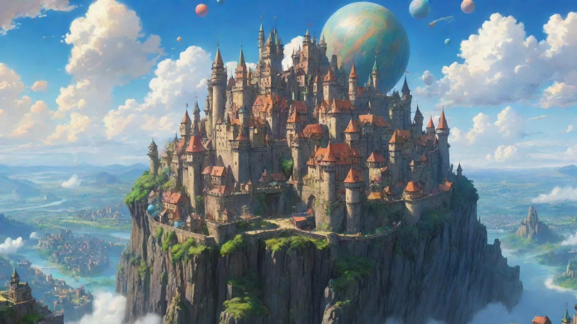 aifantasy art ghibli miyazaki hd best quality aesthetic flying castle colorful planets city fortress  wide
