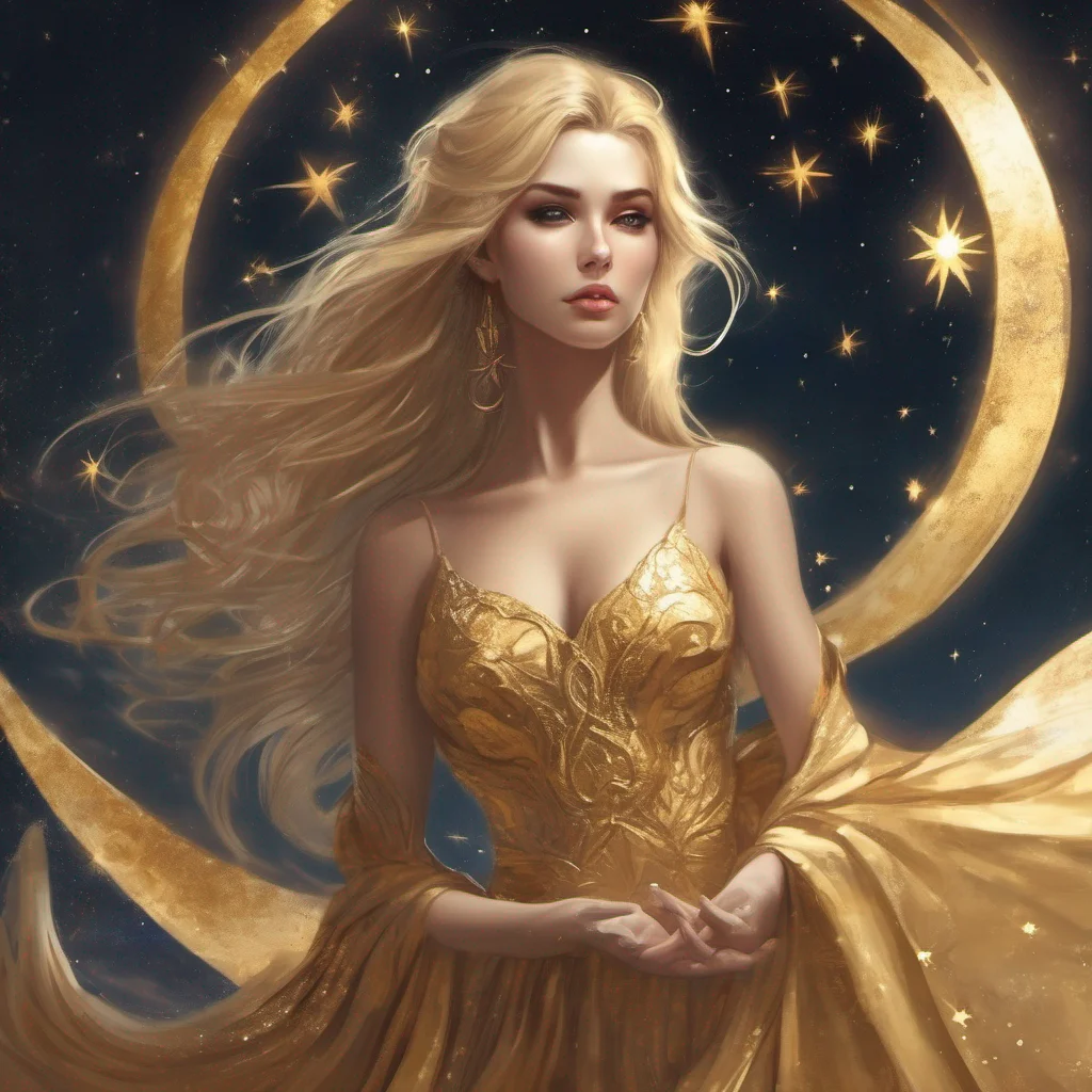 fantasy art goddess beauty grace seductive golden dress blonde stars sun moon celestial book good looking trending fantastic 1