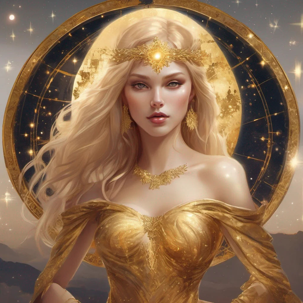 fantasy art goddess beauty grace seductive golden dress blonde stars sun moon celestial book