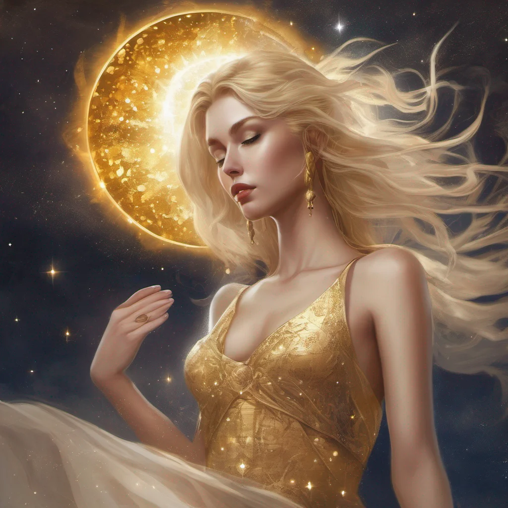 fantasy art goddess beauty grace seductive golden dress blonde stars sun moon celestial confident engaging wow artstation art 3