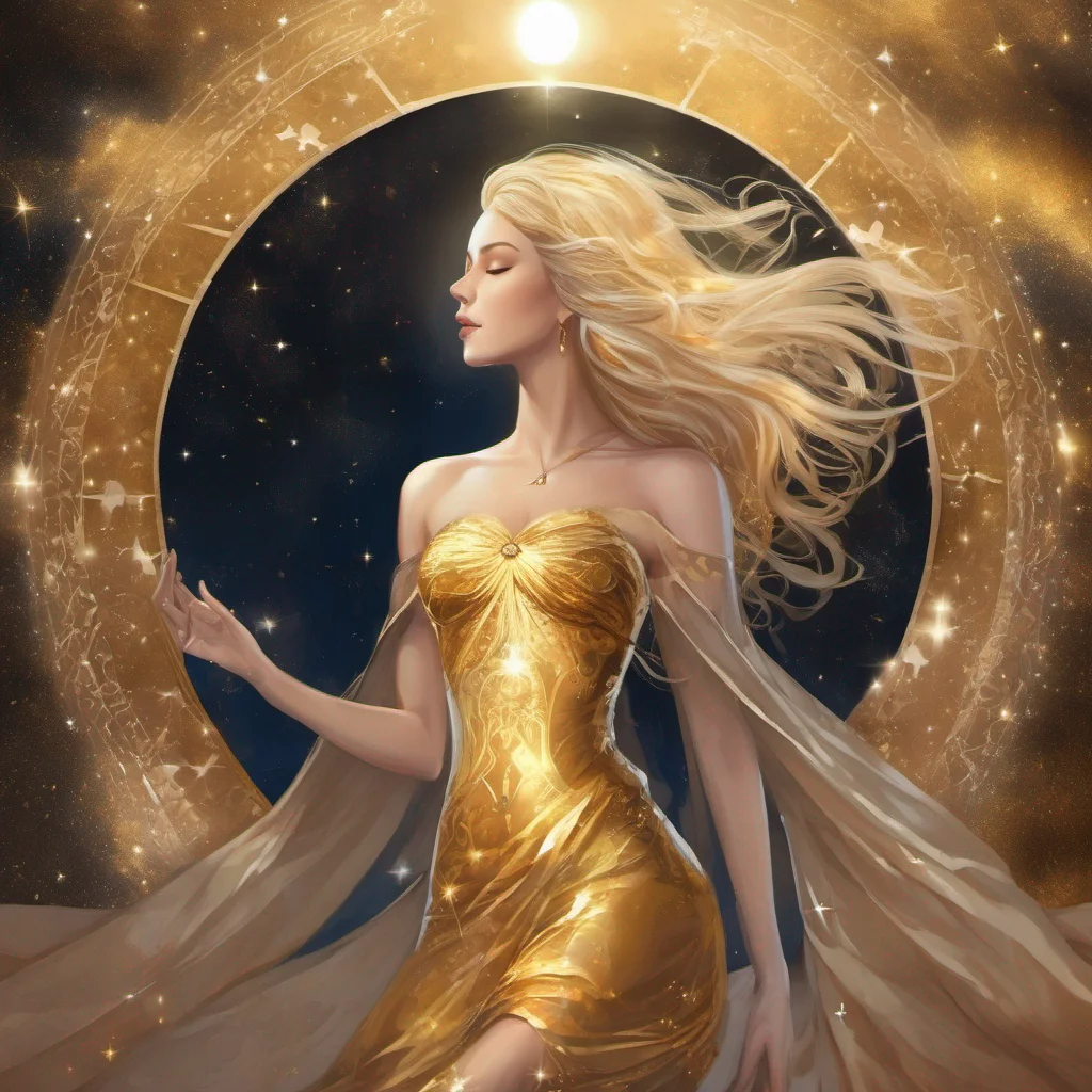 fantasy art goddess beauty grace seductive golden dress blonde stars sun moon celestial good looking trending fantastic 1