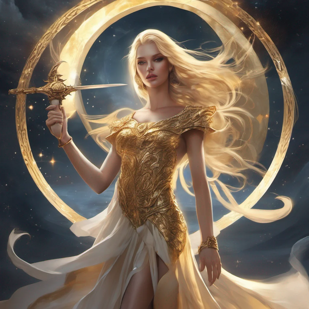 fantasy art goddess beauty grace seductive golden dress blonde stars sun moon celestial sword amazing awesome portrait 2