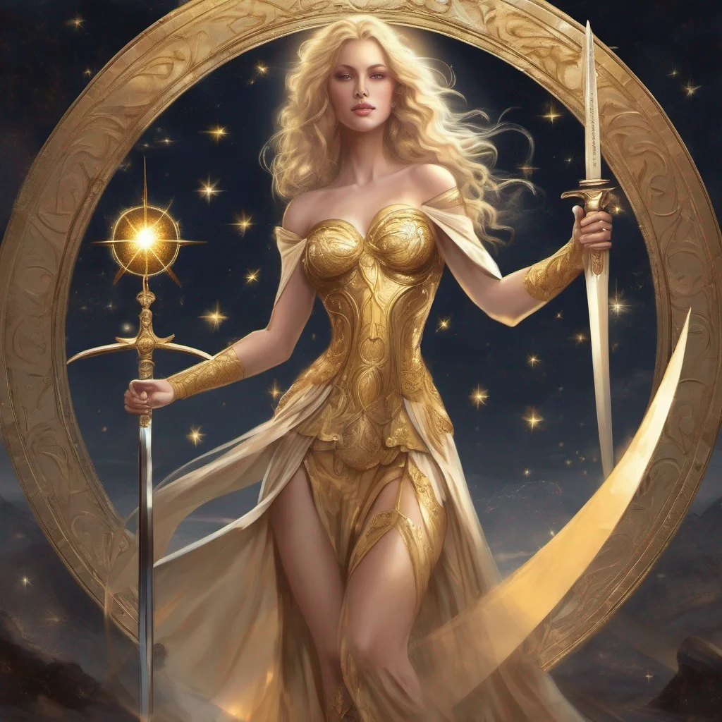 fantasy art goddess beauty grace seductive golden dress blonde stars sun moon celestial sword good looking trending fantastic 1