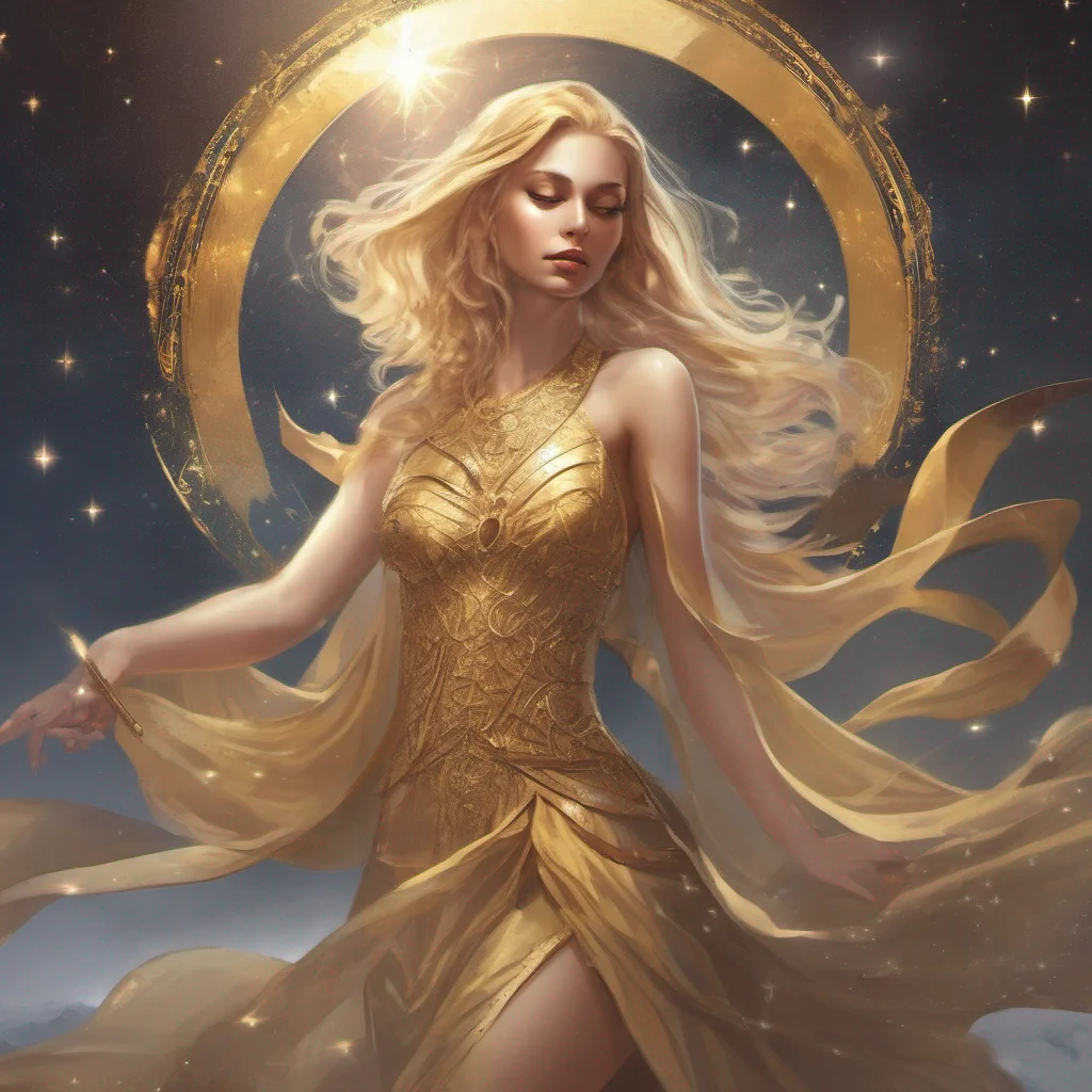 fantasy art goddess beauty grace seductive golden dress blonde stars sun moon celestial sword