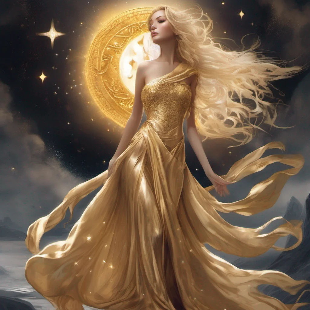 fantasy art goddess beauty grace seductive golden dress blonde stars sun moon celestial
