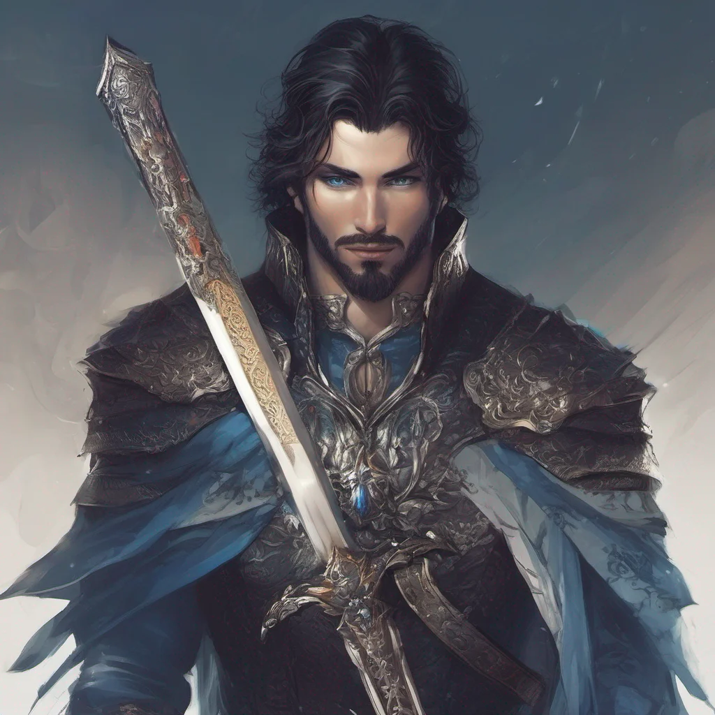 fantasy art king dark hair blue eyes short hair beard sword 