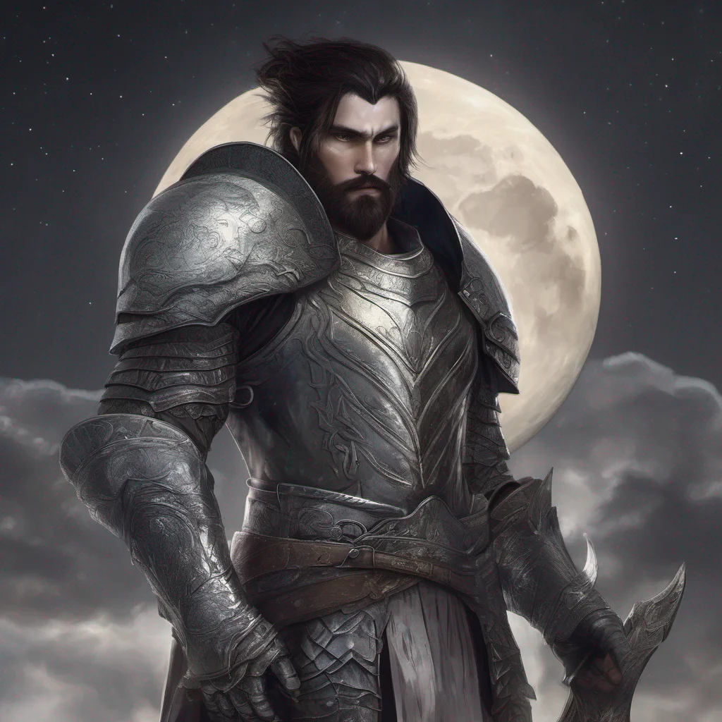 fantasy art man short dark hair beard moon silver armor confident engaging wow artstation art 3