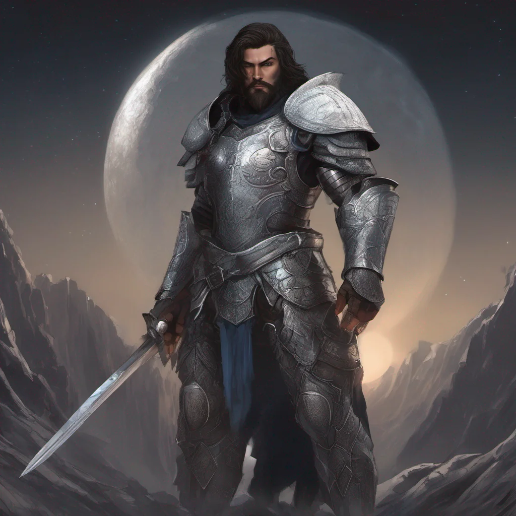 fantasy art man short dark hair beard moon silver armor