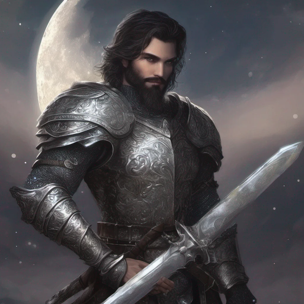 fantasy art man short dark hair beard moon silver glitter armor sword amazing awesome portrait 2