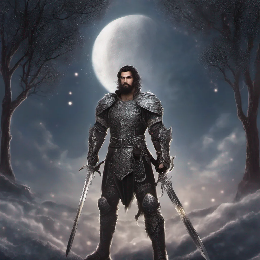 fantasy art man short dark hair beard moon silver glitter armor sword confident engaging wow artstation art 3