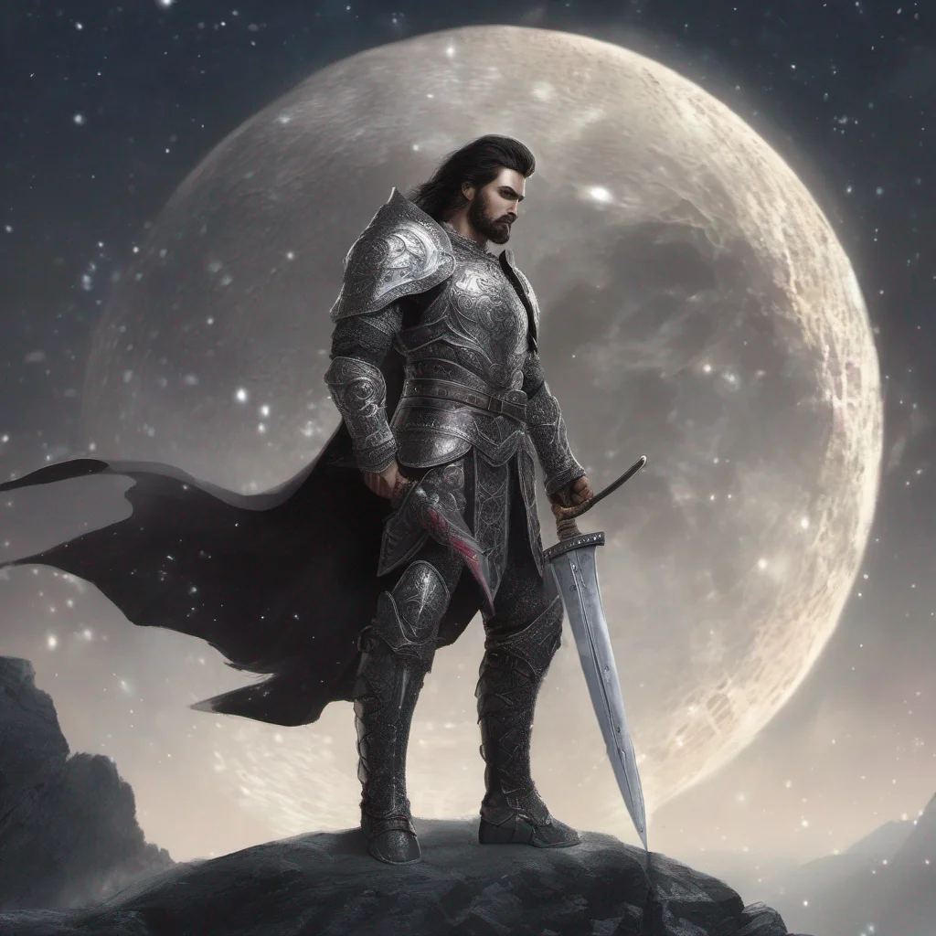 fantasy art man short dark hair beard moon silver glitter armor sword