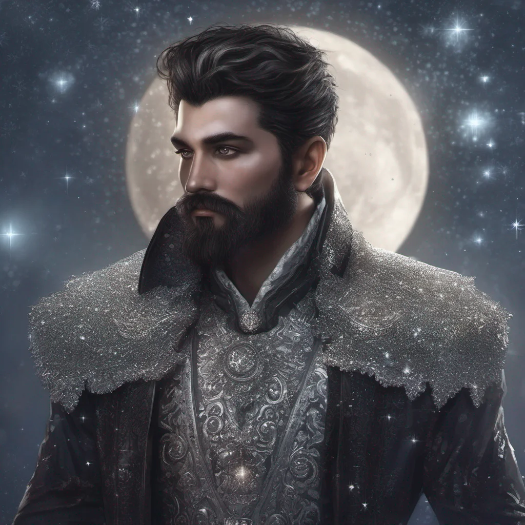 fantasy art man short dark hair beard moon silver sparkles