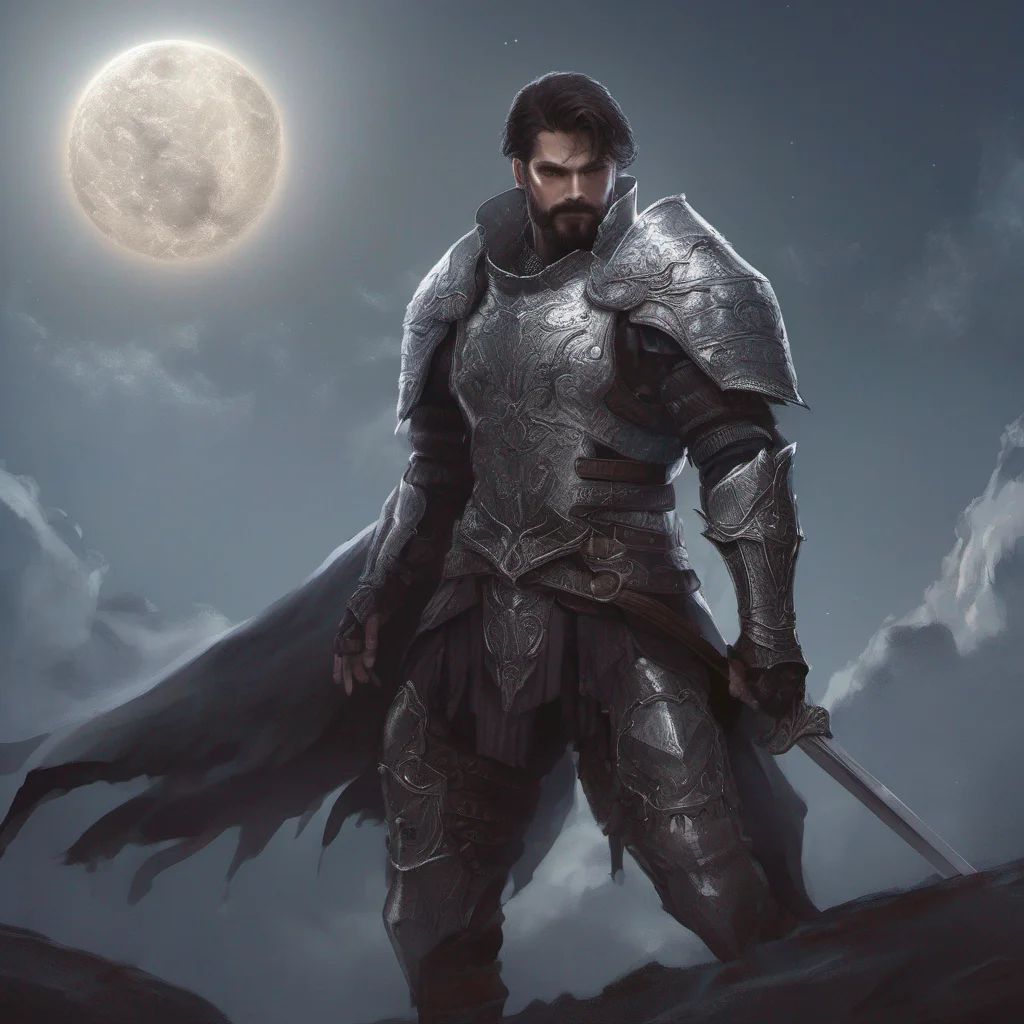 fantasy art man short hair dark hair beard moon silver armor sword confident engaging wow artstation art 3