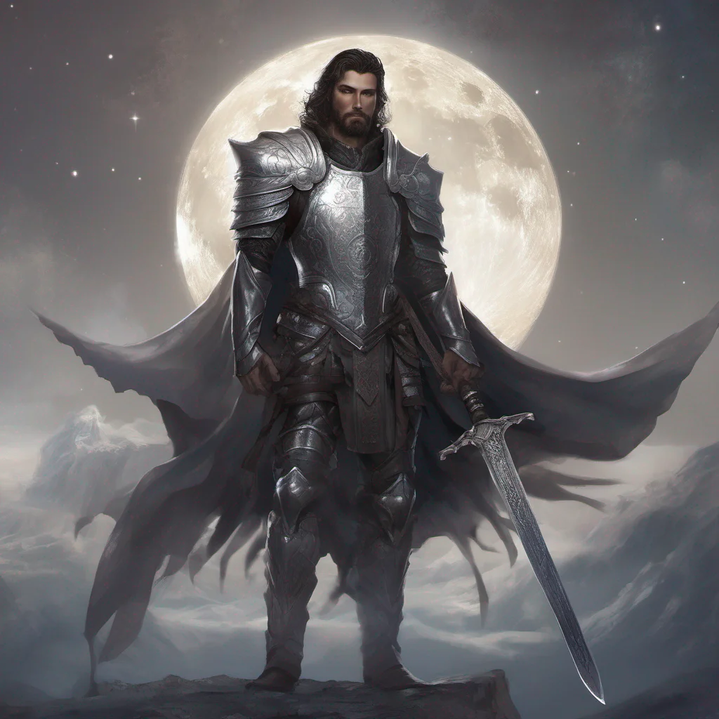 fantasy art man short hair dark hair beard moon silver armor sword god ethereal shimmer amazing awesome portrait 2