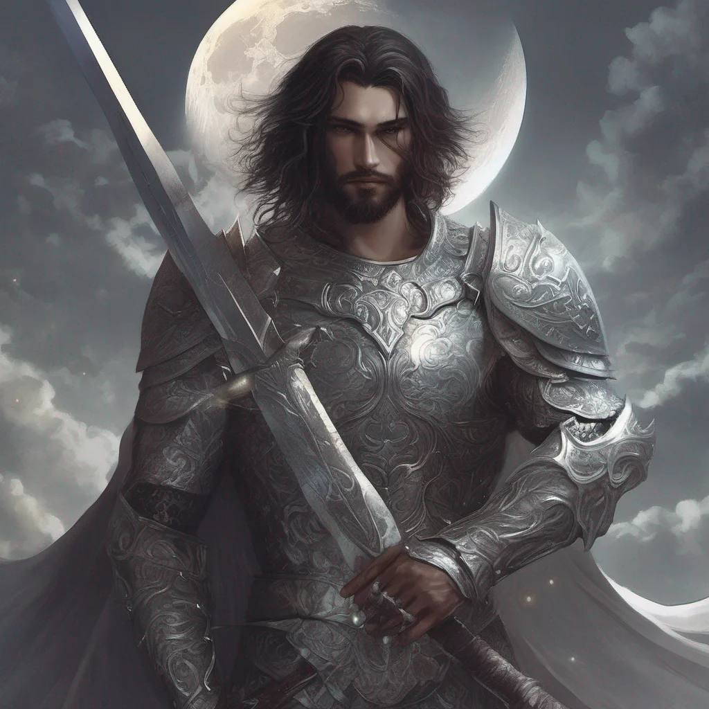 fantasy art man short hair dark hair beard moon silver armor sword god ethereal shimmer good looking trending fantastic 1