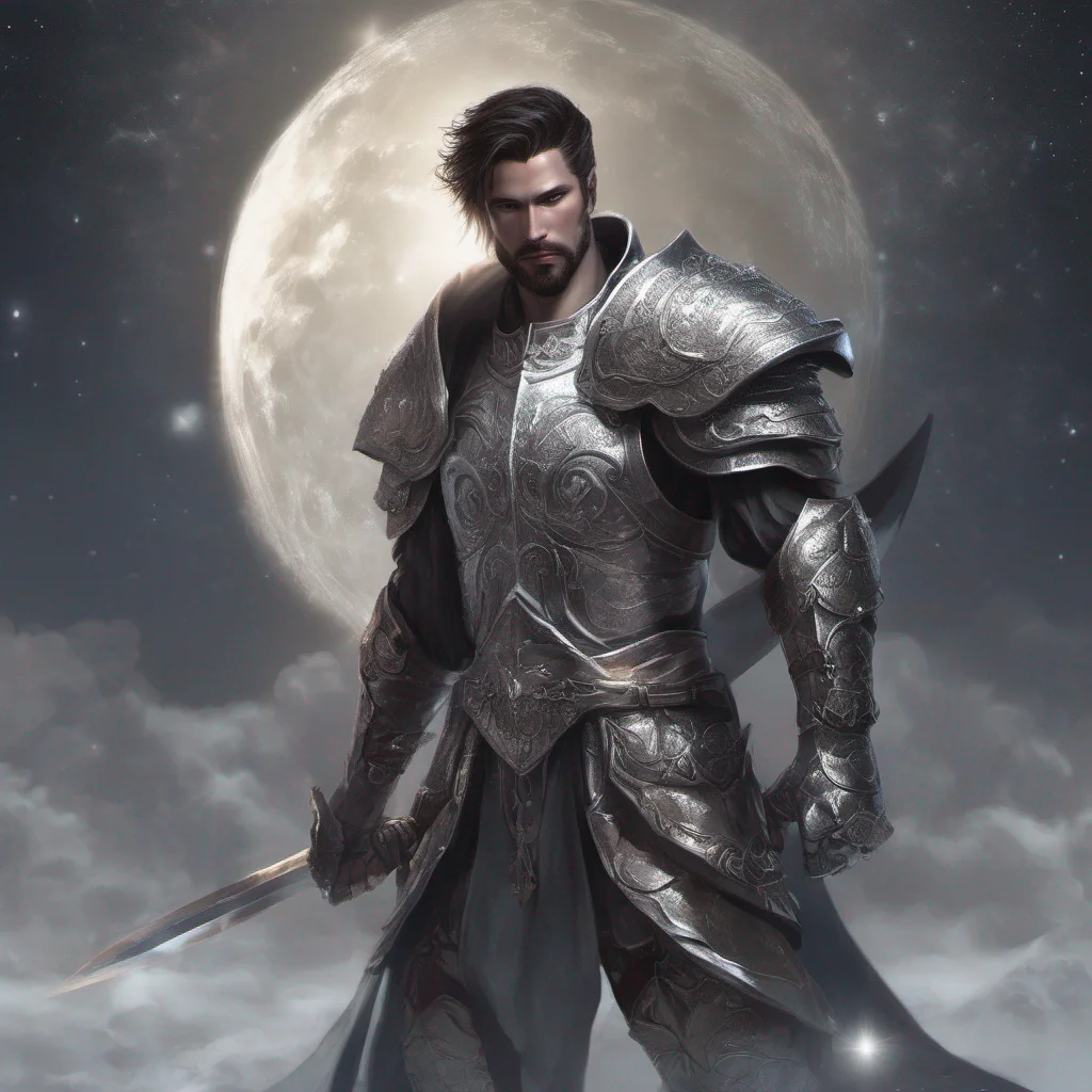 aifantasy art man short hair dark hair beard moon silver armor sword god ethereal shimmer