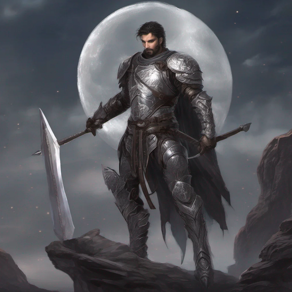 fantasy art man short hair dark hair beard moon silver armor sword good looking trending fantastic 1