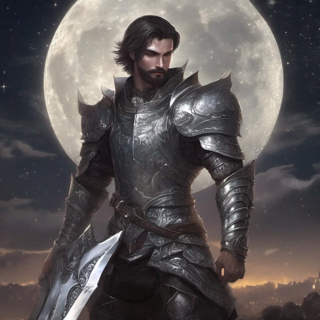 fantasy art man short hair dark hair beard moon silver glitter armor sword amazing awesome portrait 2
