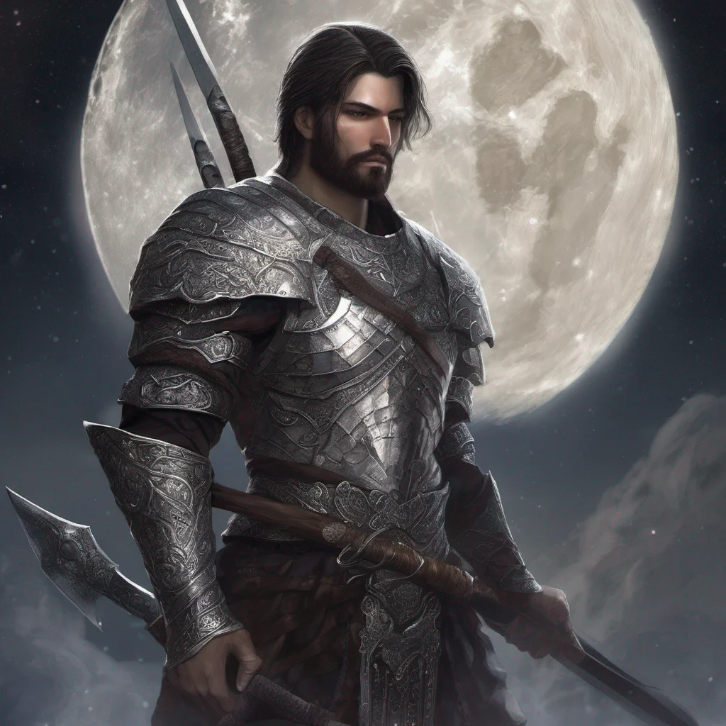 fantasy art man short hair dark hair beard moon silver glitter armor sword good looking trending fantastic 1