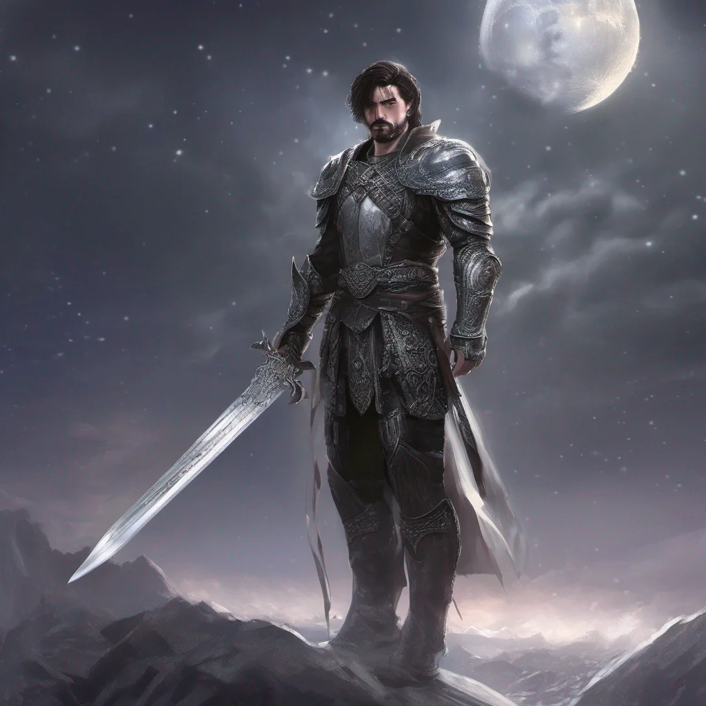 fantasy art man short hair dark hair beard moon silver glitter armor sword