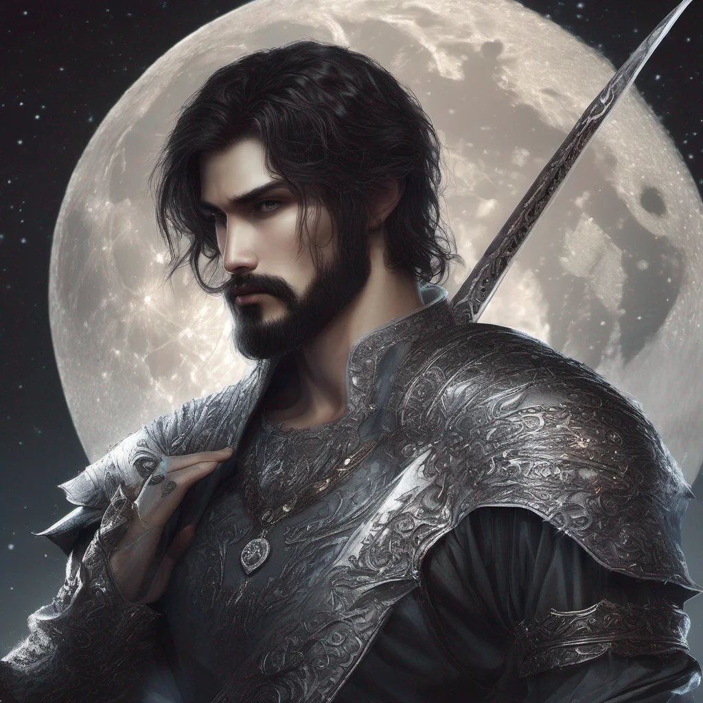 fantasy art man short hair dark hair beard moon silver glitter sword confident engaging wow artstation art 3