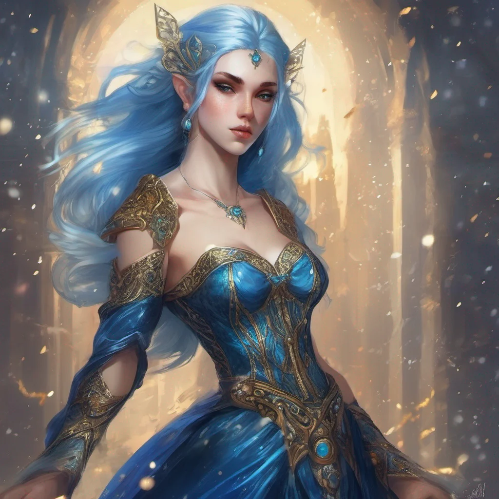aifantasy art medieval dress fantasy elf goddess sparkle shimmer glitter battle blue hair confident engaging wow artstation art 3