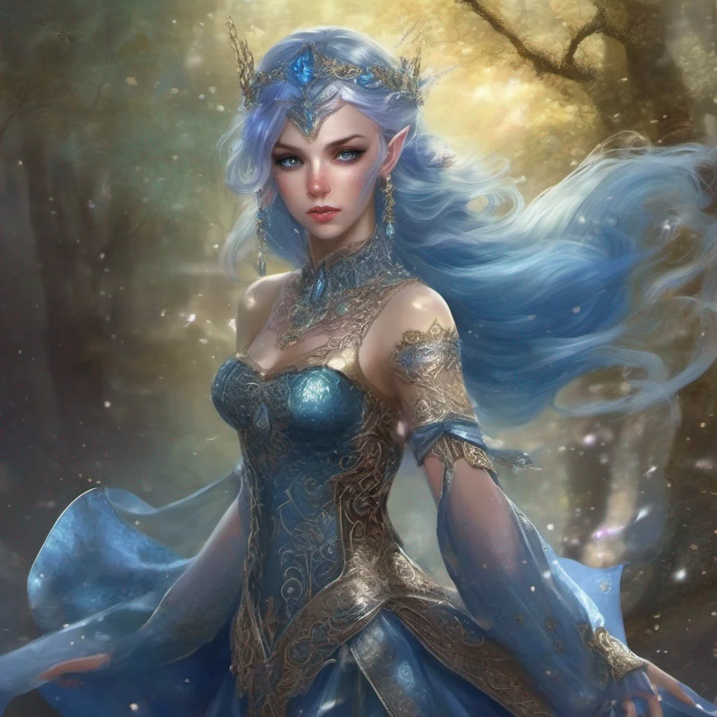 aifantasy art medieval dress fantasy elf goddess sparkle shimmer glitter battle blue hair