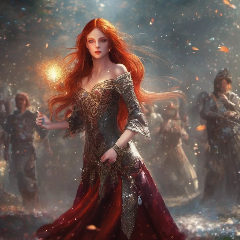 aifantasy art medieval dress fantasy elf goddess sparkle shimmer glitter battle red hair confident engaging wow artstation art 3