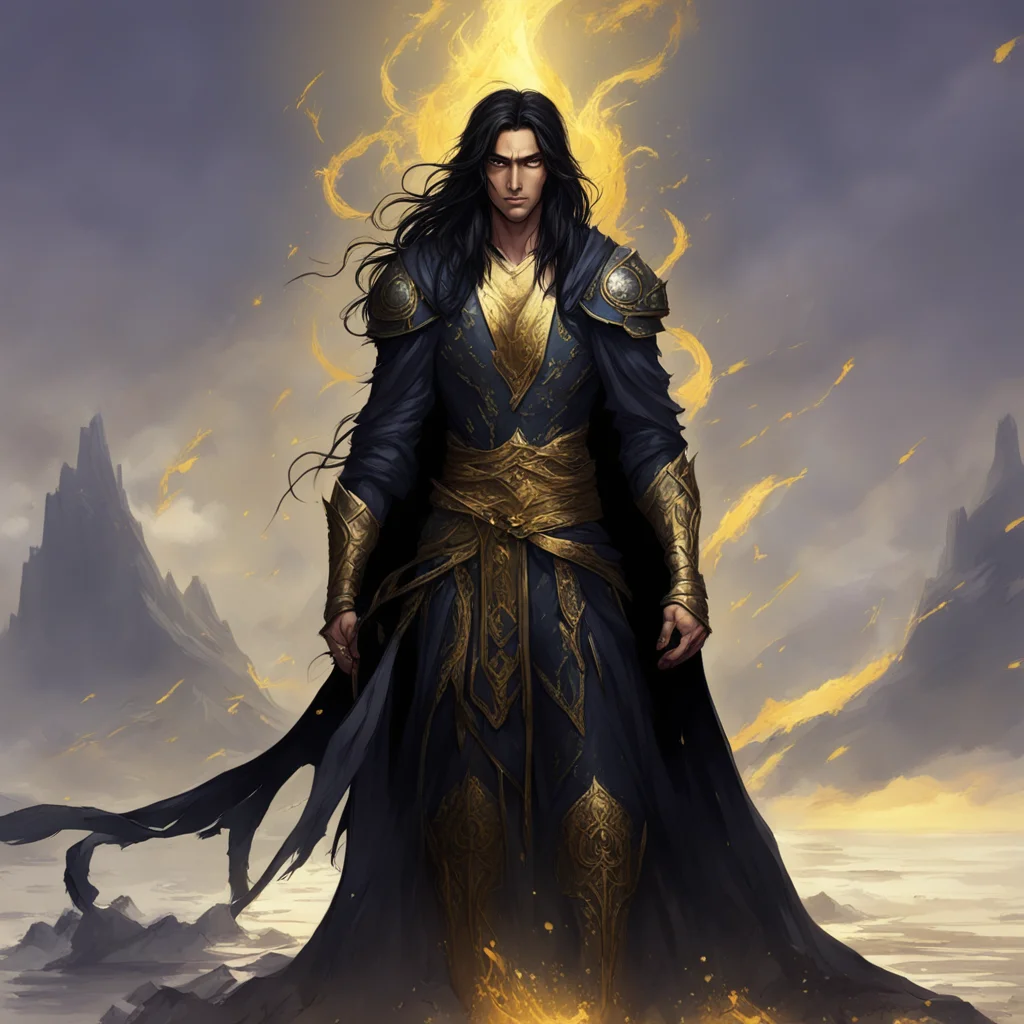 aifantasy art of a tall prince with torn robes%2C long black hair%2C and golden eyes. amazing awesome portrait 2