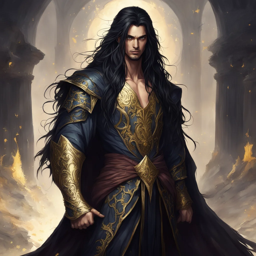 aifantasy art of a tall prince with torn robes%2C long black hair%2C and golden eyes. confident engaging wow artstation art 3