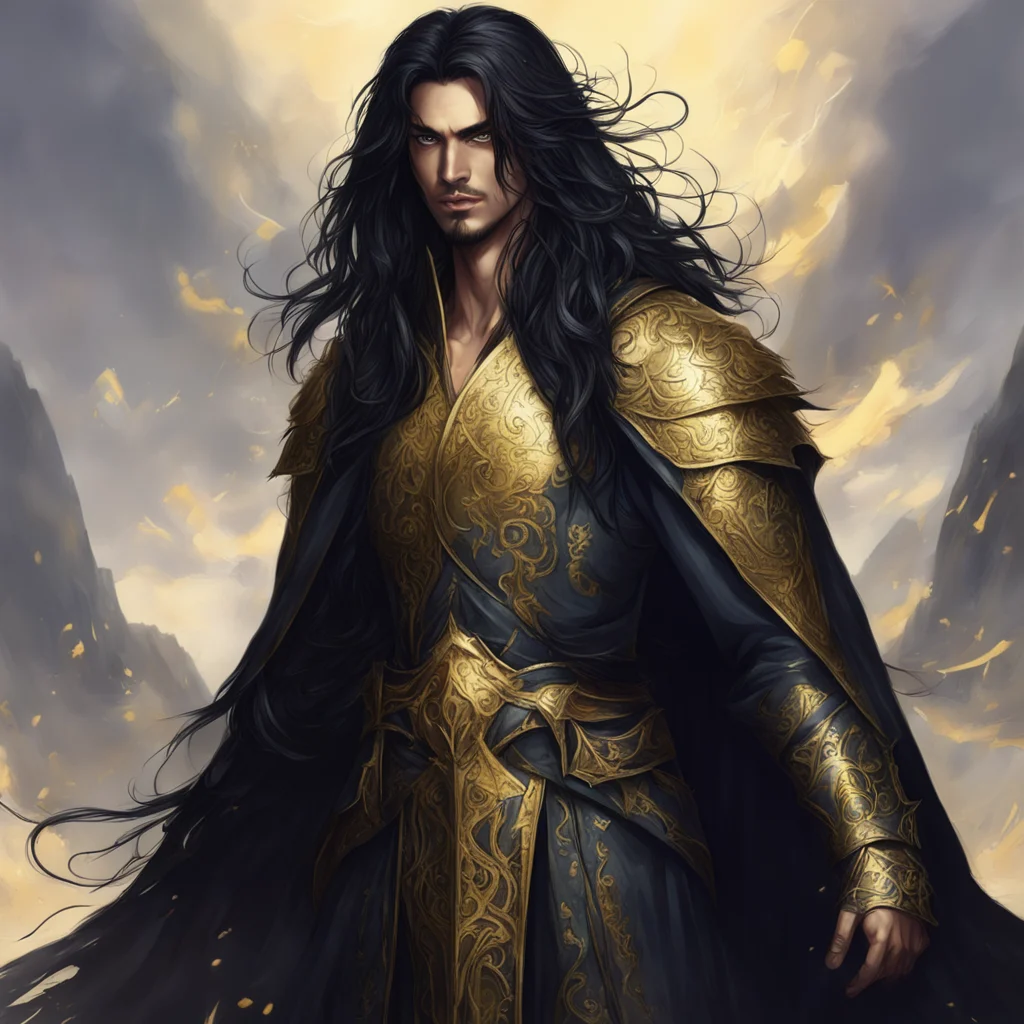aifantasy art of a tall prince with torn robes%2C long black hair%2C and golden eyes.