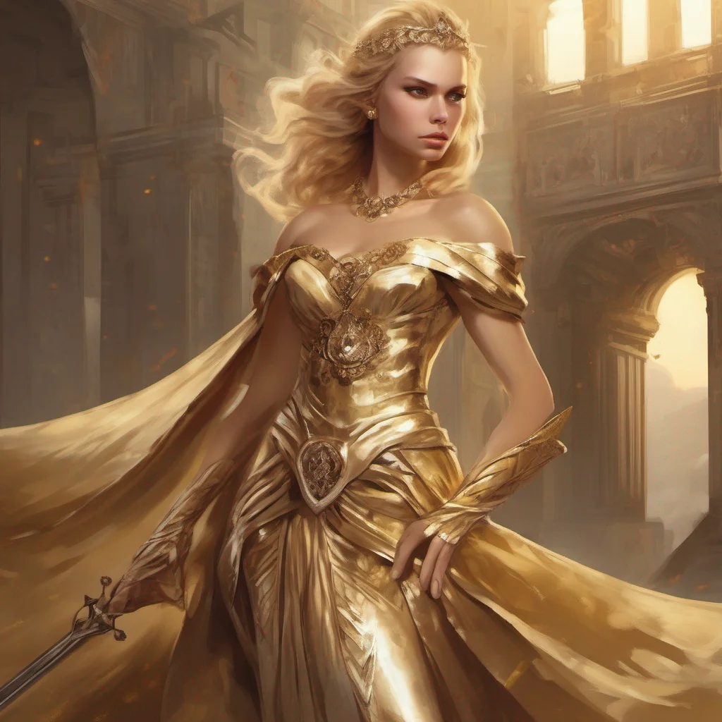 aifantasy art princess beauty grace seductive warrior golden dress blonde brown eyes confident engaging wow artstation art 3