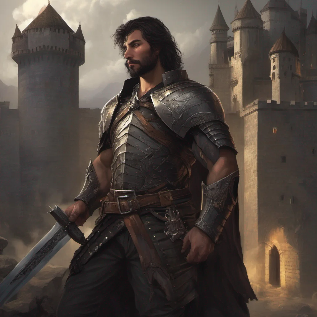 aifantasy art seductive man beard dark hair short hair armor sword castle good looking trending fantastic 1