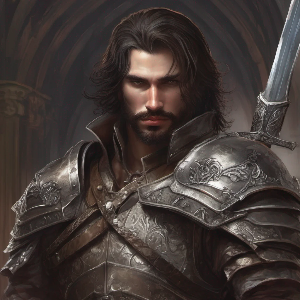 fantasy art seductive man beard dark hair short hair armor sword castle