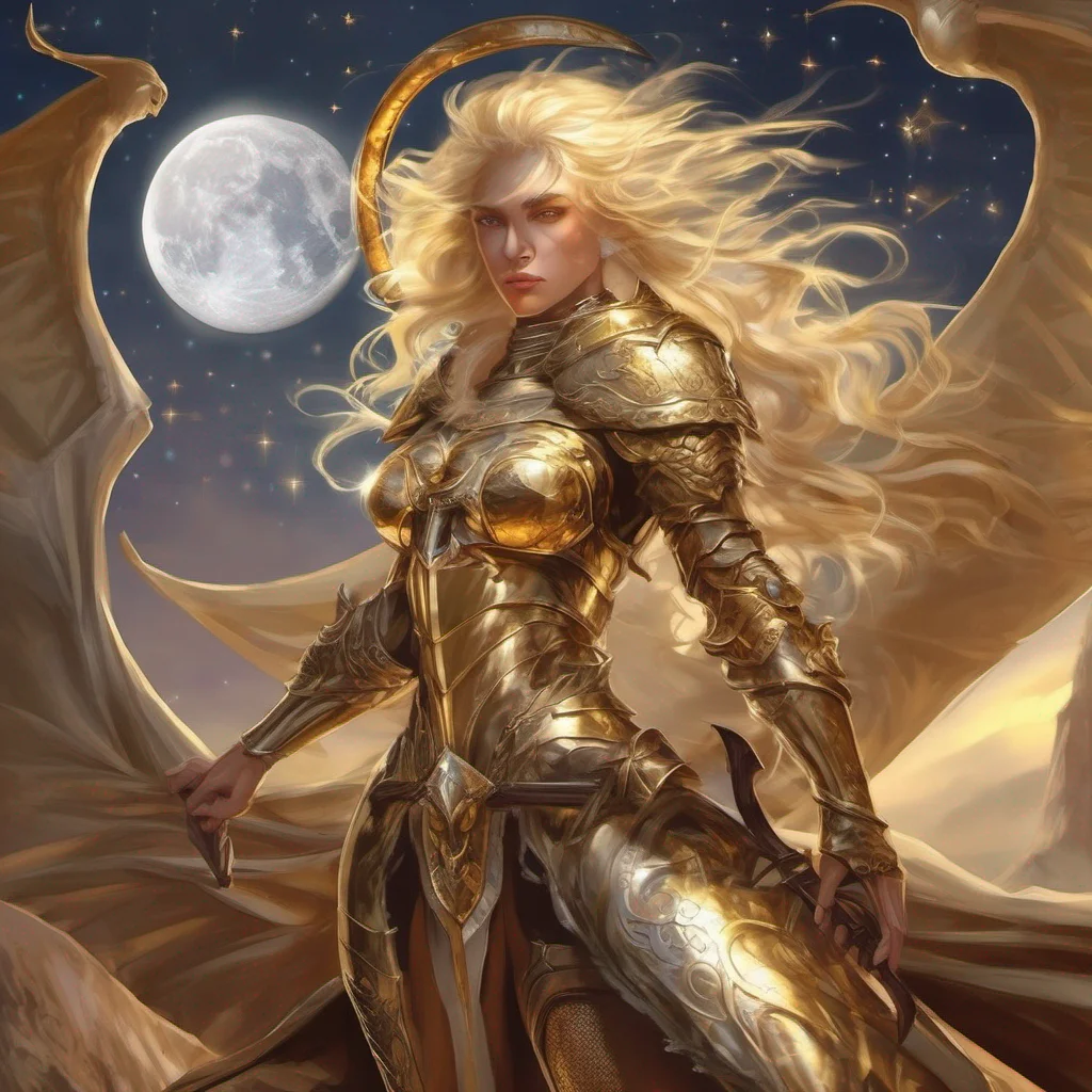 fantasy art seductive warrior goddess celestial sun moon stars blonde brown eyes full body golden armor dragon good looking trending fantastic 1