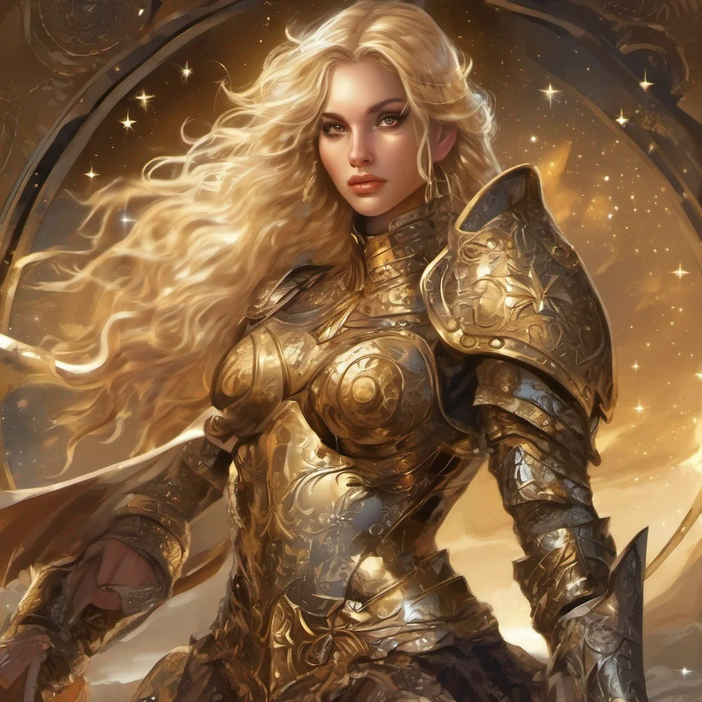 fantasy art seductive warrior goddess celestial sun moon stars blonde brown eyes full body golden armor knife of starlight amazing awesome portrait 2
