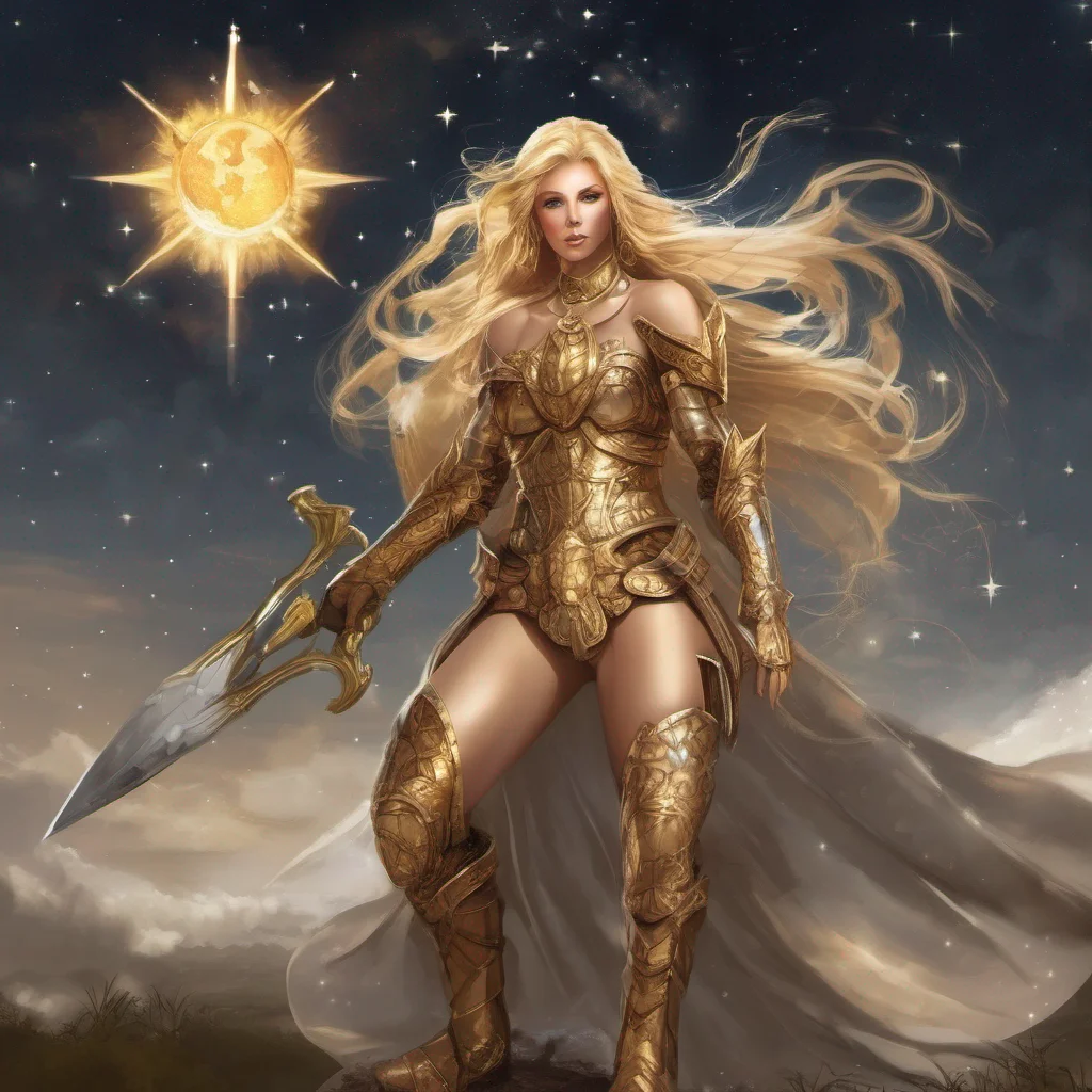 fantasy art seductive warrior goddess celestial sun moon stars blonde brown eyes full body golden armor magic amazing awesome portrait 2