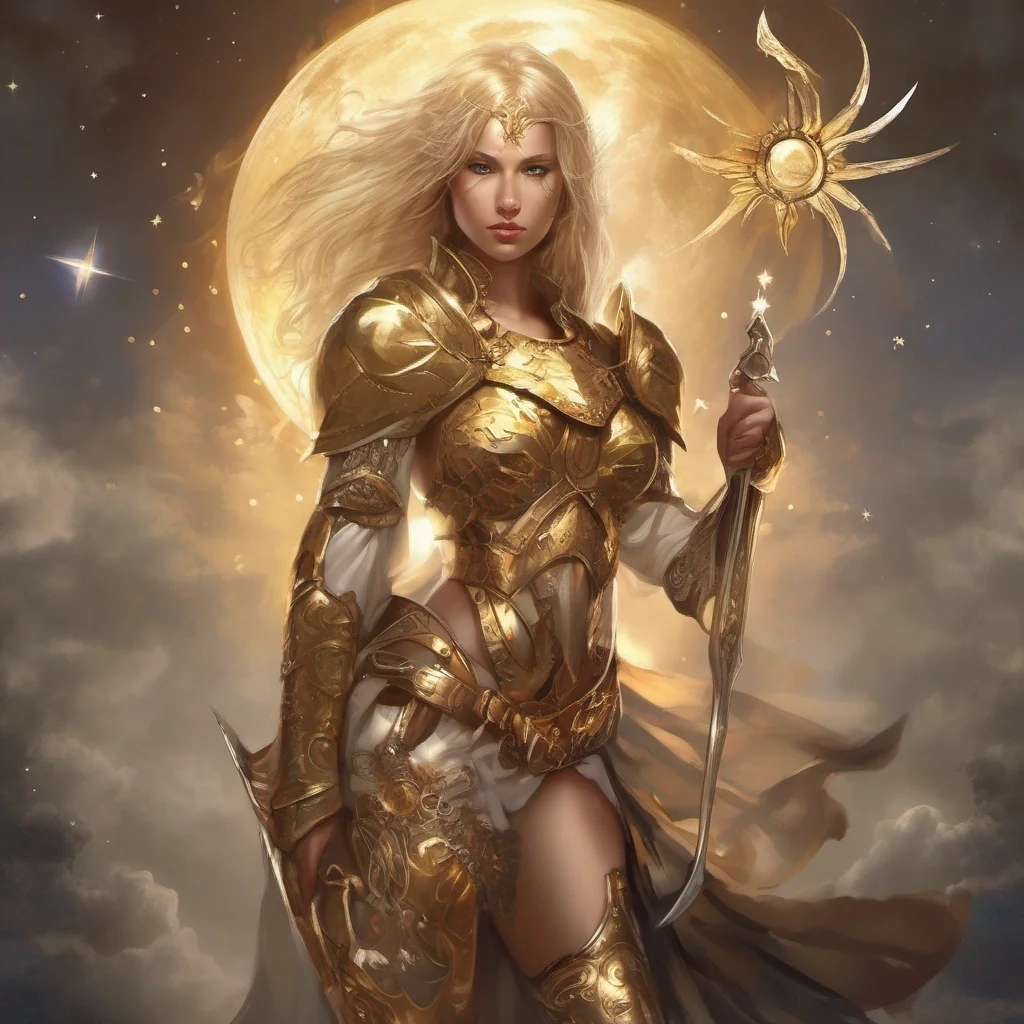 fantasy art seductive warrior goddess celestial sun moon stars blonde brown eyes full body golden armor magic confident engaging wow artstation art 3