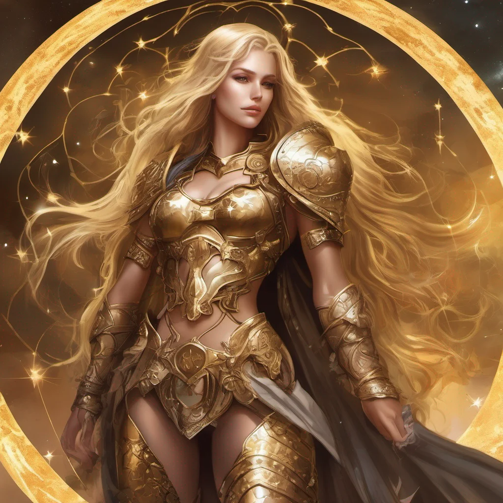 fantasy art seductive warrior goddess celestial sun moon stars blonde brown eyes full body golden armor magic good looking trending fantastic 1